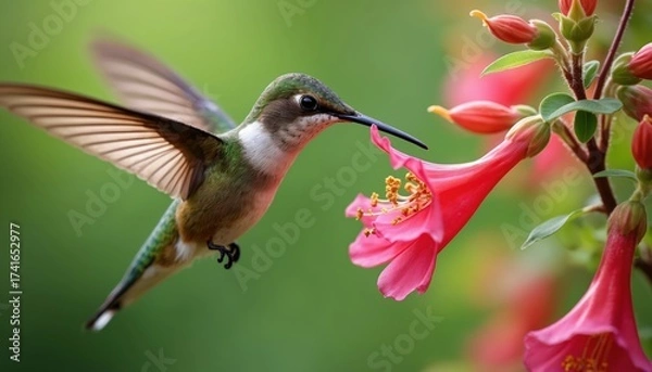 Fototapeta Tiny hummingbird hovers near vibrant trumpet flowers, drinking sweet nectar. Its iridescent green feathers shimmer against a soft green background. This quick bird explores a garden.