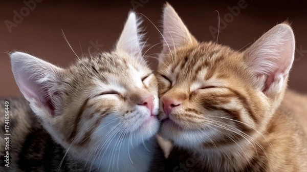 Fototapeta Two cats are sleeping together and one of them is licking the other. Scene is peaceful and loving