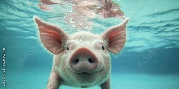 Fototapeta A Playful Pig joyously Swimming Underwater in a vibrant and colorful aquatic environment