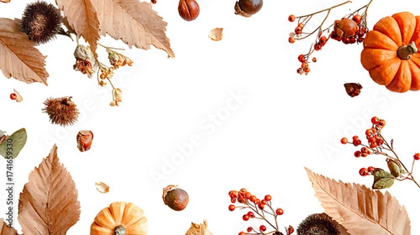 Obraz Autumn composition. Dried leaves, pumpkins, flowers, rowan berries on white background.