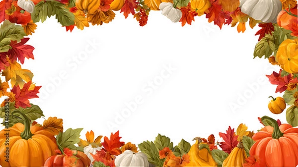 Fototapeta Beautiful frame autumn leaves. Watercolor handpainted illustration. Isolated on white background. Can be used in greeting card, halloween invitation, thanksgiving day, design, wallpaper, 