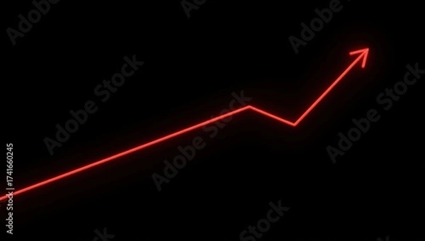Fototapeta A glowing red neon arrow trends upward against black — sharp, dynamic, and symbolic of growth, progress, or success in finance, tech, or performance metrics.
