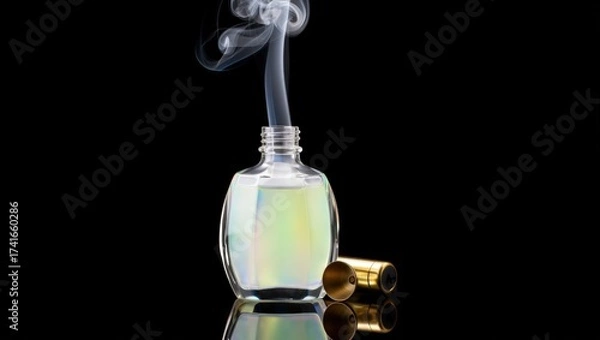Fototapeta A glass perfume bottle with iridescent liquid emits a delicate wisp of smoke against black, its golden cap resting beside — elegant, mysterious, and evoking luxury and scent.