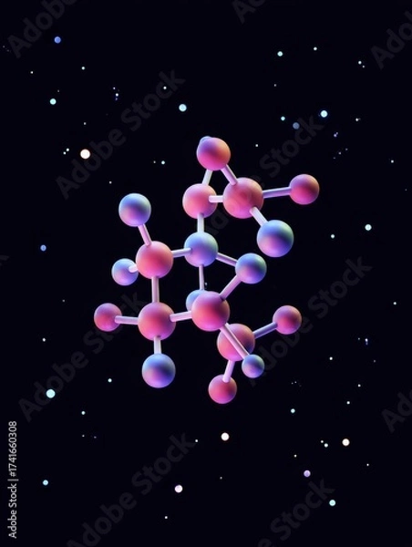Fototapeta A glowing molecular structure with pink and blue spheres floats against a starry black background — blending science and cosmic wonder in a vibrant, futuristic visualization.