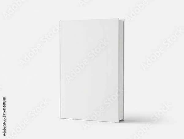 Fototapeta A clean, minimalist white hardcover book stands upright on a soft white surface — perfect for branding, design mockups, or editorial presentations with a sleek, modern look.