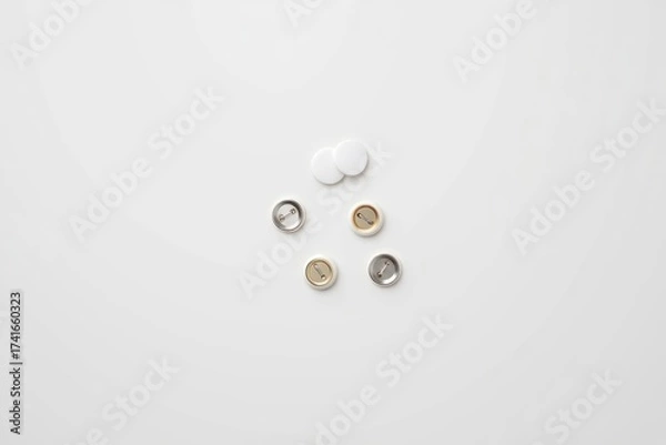 Fototapeta Five small, round objects — including pills and metallic beads — arranged in a loose cluster on a clean white surface, suggesting health, medicine, or minimalist design.