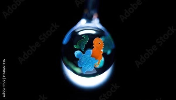 Fototapeta A glowing glass orb contains tiny, colorful sea creatures — a blue seahorse and orange fish — floating in miniature ocean waves against black, evoking wonder and marine magic.