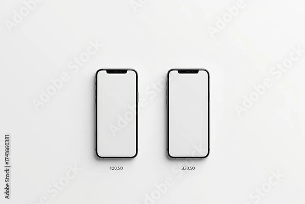 Fototapeta Two sleek smartphones with blank screens stand side by side on a white surface, labeled “128GB” and “512GB” — minimalist mockups for tech product presentations.