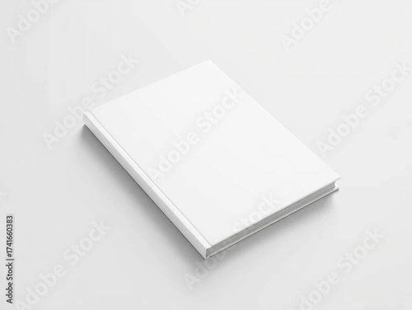 Fototapeta A clean, minimalist white hardcover book lies closed on a soft white surface, casting a subtle shadow — perfect for branding, design mockups, or editorial use.