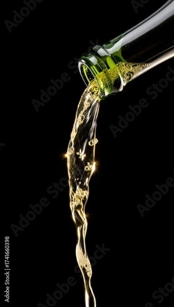Fototapeta Golden liquid pours dynamically from a green bottle against black, capturing the elegance and motion of wine or champagne in a dramatic, high-contrast moment.