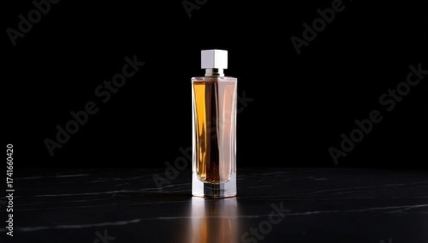 Fototapeta A sleek, transparent perfume bottle with amber liquid and a silver cap stands on a dark reflective surface, glowing subtly against black — minimalist luxury.