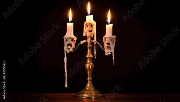 Fototapeta An ornate brass candelabra holds three lit candles with melting wax, casting a warm glow against a dark background — elegant, vintage, and atmospheric.