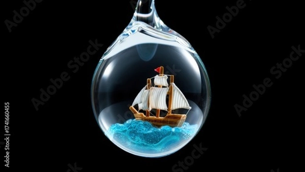 Fototapeta A miniature wooden sailing ship floats on tiny blue waves inside a clear glass teardrop, suspended against black — a magical, nautical fantasy in a bubble.