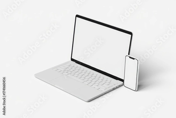 Fototapeta A sleek silver laptop with blank screen sits beside a matching smartphone on a clean white surface, showcasing minimalist tech design and modern productivity.