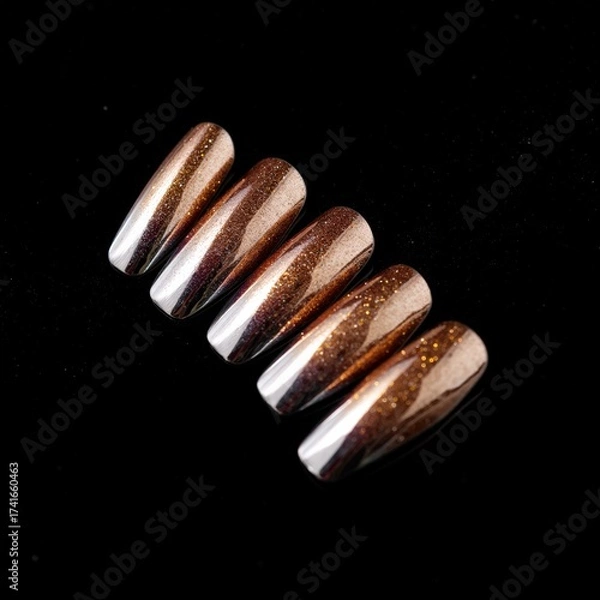 Fototapeta Five glossy, almond-shaped press-on nails with shimmering gold glitter stripes on a dark background — elegant, chic, and ready for glam.