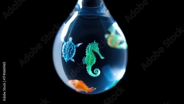 Fototapeta A teardrop-shaped glass orb contains tiny, colorful sea creatures — a green seahorse, blue turtle, and orange fish — glowing against a dark background, like a miniature ocean world.