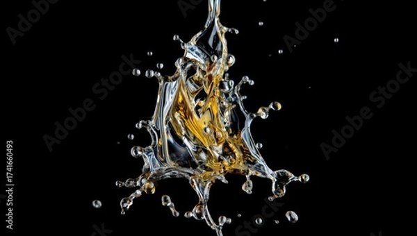 Fototapeta A dynamic splash of golden liquid collides with clear water against a black background, freezing a vibrant, explosive moment of motion and contrast.