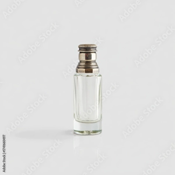 Fototapeta A sleek, transparent glass perfume bottle with a metallic cap stands alone on a white surface, exuding minimalist elegance and refined simplicity.