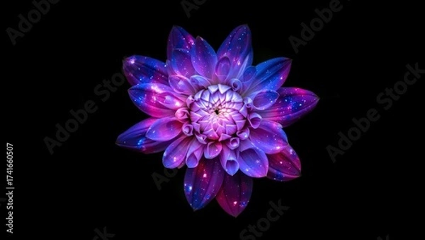 Fototapeta A mesmerizing, glowing flower with purple and blue petals radiates like a galaxy, set against a deep black background for cosmic elegance.