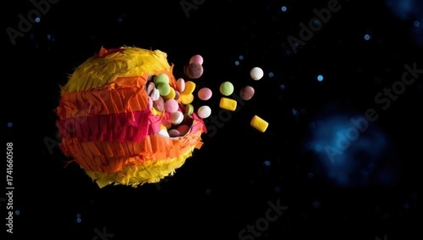Fototapeta A colorful piñata shaped like a planet bursts with candy in space, blending festive celebration with cosmic wonder against a starry backdrop.