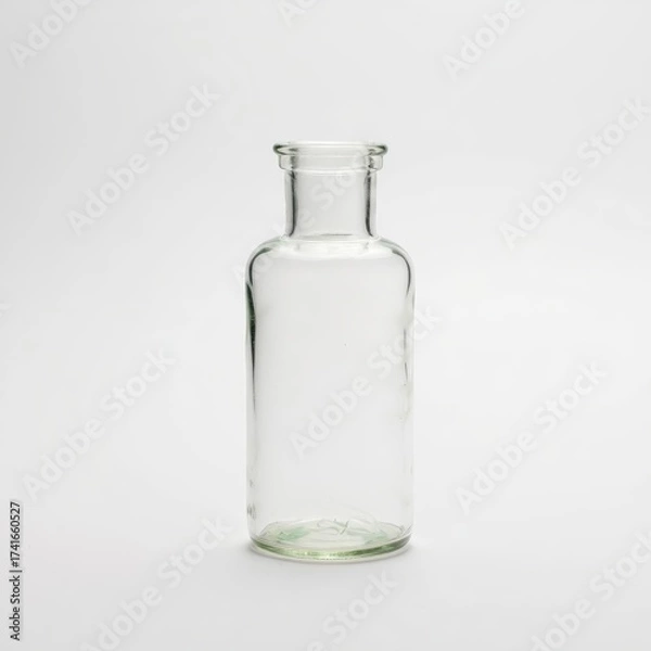 Fototapeta A clear, empty glass bottle with a narrow neck and rounded base stands against a plain white background, simple and minimalist in design.