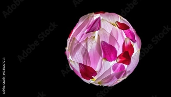 Fototapeta A spherical arrangement of delicate pink and magenta flower petals, glowing softly against a black background, creating an ethereal, organic orb.