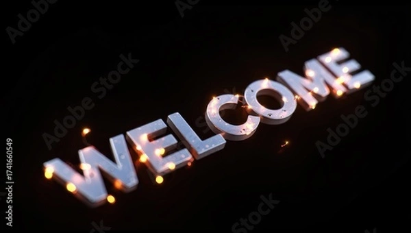 Fototapeta Glowing 3D "WELCOME" letters sparkle with warm lights against a dark background, creating a festive and inviting atmosphere.