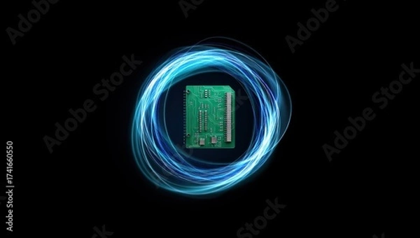 Fototapeta A glowing green microchip is encircled by a dynamic blue energy ring against a black background, symbolizing advanced technology and power.