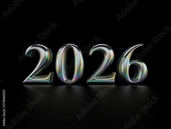 Fototapeta Shiny, metallic "2026" numbers gleam with rainbow reflections on a sleek black surface, symbolizing the future with modern elegance and depth.