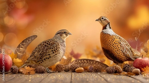 Obraz Two birds amid autumn leaves, apples, and pinecones on rustic wooden planks