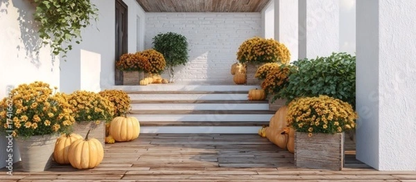 Fototapeta Vibrant autumn porch decorated with pumpkins and golden chrysanthemums creating a warm inviting seasonal welcome