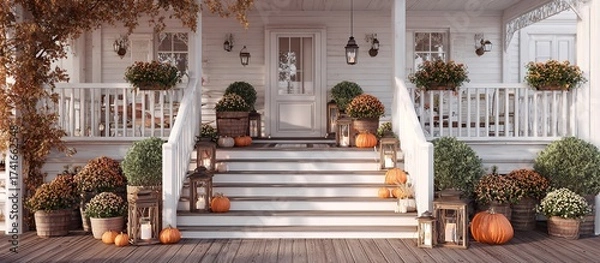 Fototapeta Charming autumn porch decorated with pumpkins mums and lanterns creates a warm inviting seasonal welcome