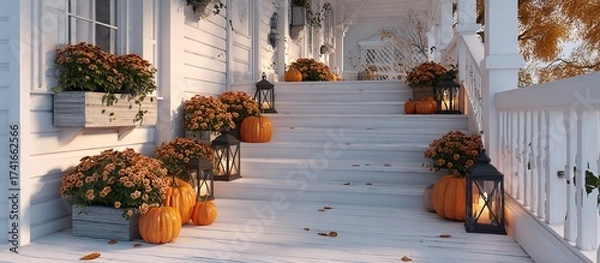 Fototapeta Warm autumn porch welcomes with pumpkins mums and glowing lanterns creating a cozy festive atmosphere for fall celebrations