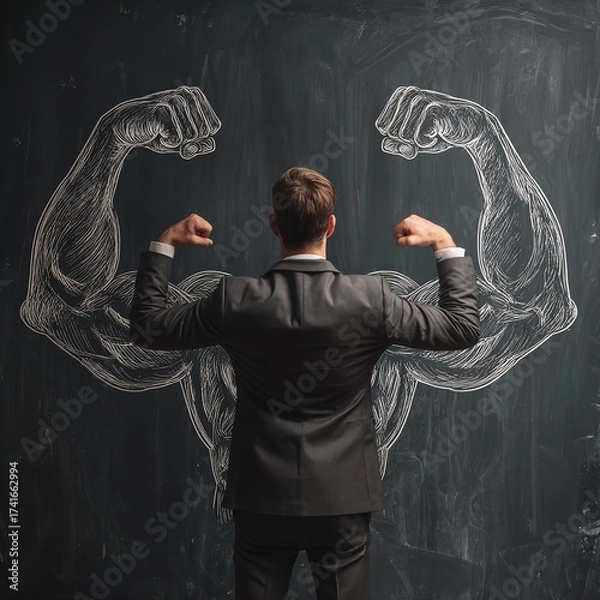 Fototapeta Confident businessman flexing powerful drawn muscles on chalkboard embodying strength and business success