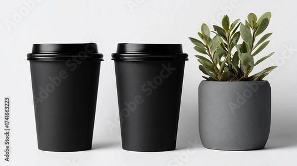 Obraz Two black coffee cups with lids and small green plant on a white background