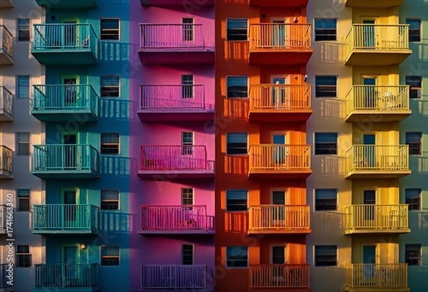 Fototapeta Vibrant modern building facade with colorful balconies bathed in warm golden hour sunlight creating a lively urban scene