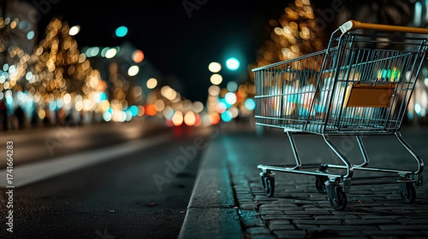 Fototapeta An empty shopping cart stands on a city street at night surrounded by the warm glow of out-of-focus urban lights