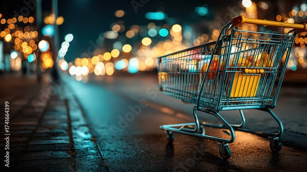 Fototapeta A lone shopping cart rests on a wet urban street at night against a backdrop of glowing city lights
