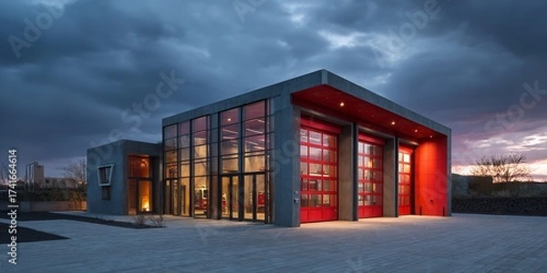 Fototapeta Modern concrete fire station with bright red garage doors illuminated at dusk against dramatic cloudy sky