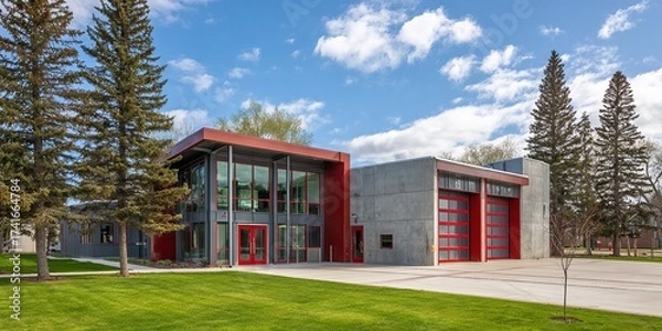 Fototapeta Modern fire station with red accents and large bay doors showcases efficient emergency response architecture under a blue sky