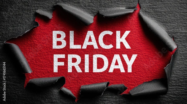 Fototapeta The words Black Friday are revealed through a torn hole in a black textured surface showing a vibrant red background underneath
