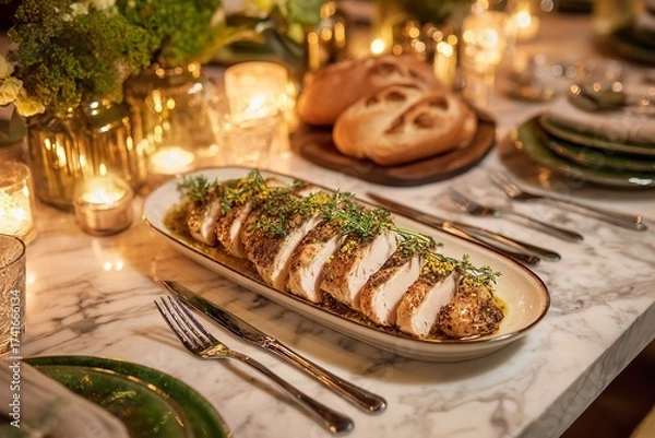 Fototapeta Elegant dinner party setting features perfectly sliced roasted chicken with herbs and lemon zest illuminated by warm candlelight
