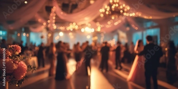 Fototapeta Elegant wedding reception party with dancing guests and romantic bokeh lighting creating a magical atmosphere