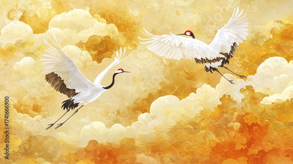 Fototapeta 金色の雲間を舞う二羽の鶴の和風イラスト背景
