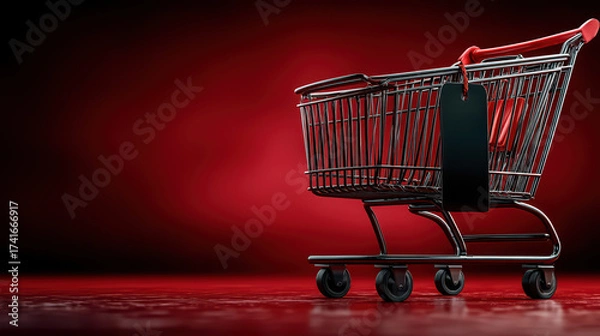 Fototapeta An empty shopping cart with a Black Friday tag against a vibrant red backdrop announces a major sale event