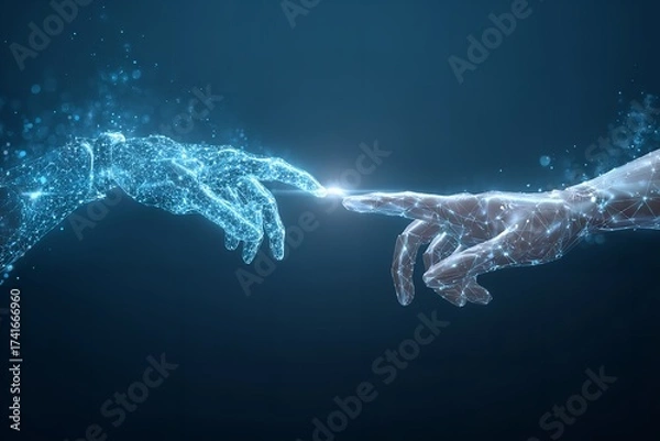 Fototapeta Digital hands reaching out connecting in a luminous network symbolizing innovation AI and future technology integration