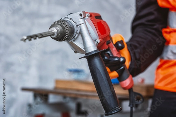 Obraz Close-up of a worker in safety vest and gloves holding a red electric drill with a drill bit for construction or renovation work. Concept of power tools, safety and professional equipment.