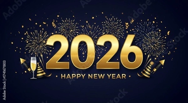Fototapeta 2026 Happy New Year vector banner with golden fireworks, sparkling confetti, and glowing metallic numbers on a deep blue background