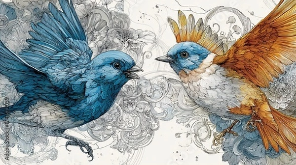 Obraz Two detailed birds (blue and orange) face each other over swirling floral clouds