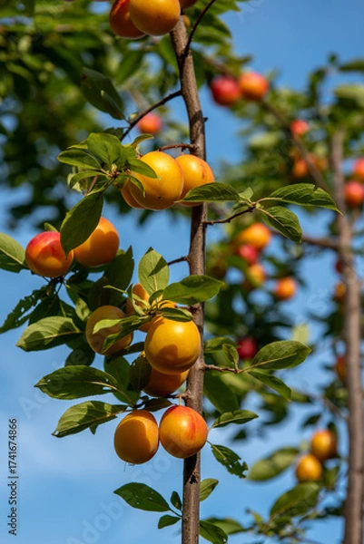 Fototapeta Ripe plums growing on tree branch in summer. Ripe greengage plums on tree branch in summer
